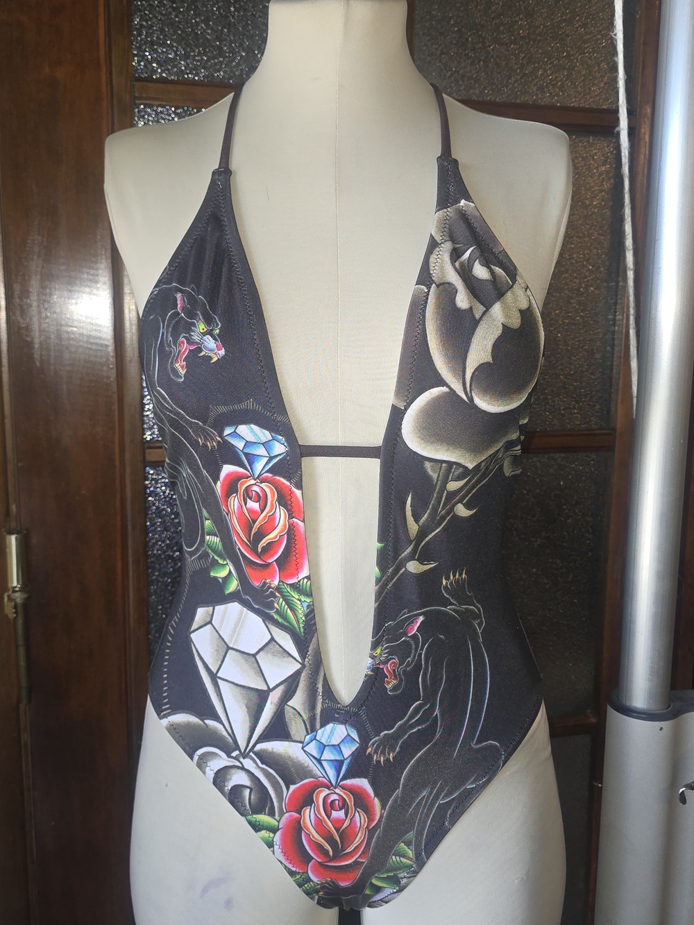 Christian Audigier Black One-Piece Swimsuit with Red Roses and Blue Gems
